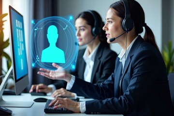 A depiction of a futuristic holographic virtual assistant collaborating with a business service agent equipped with a headset, set against a backdrop of a computer and phone.
