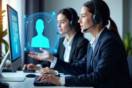 A depiction of a futuristic holographic virtual assistant collaborating with a business service agent equipped with a headset, set against a backdrop of a computer and phone.