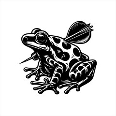Black and white illustration of a frog with a dart through its body