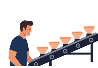 A man oversees a conveyor belt feeding bowls. Clean, modern illustration with a focus on process and efficiency. Bright, pastel colors.