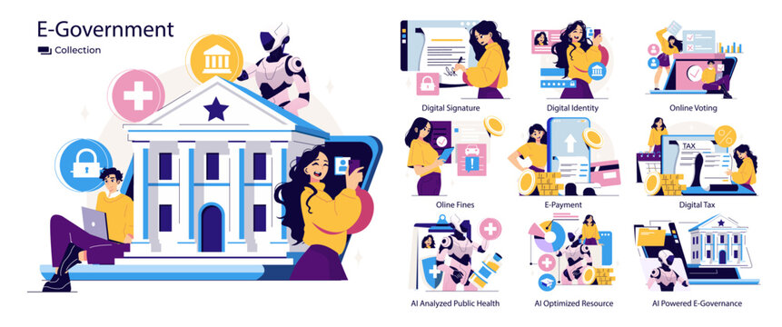 E-Government Services Vector Illustration with Diverse Actions
