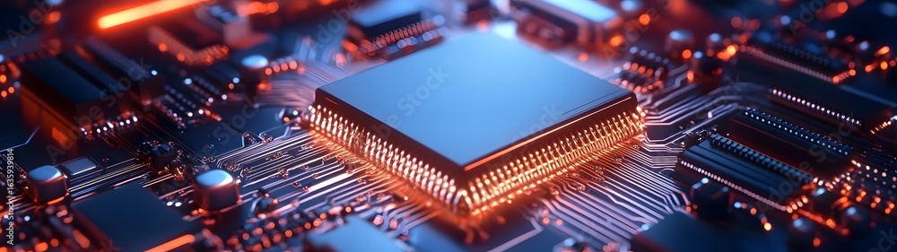 Poster captivating close up view of an intricate electronic circuit board with vibrant red orange and blue 