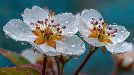 Close-up of two pear blossoms, wet with dew drops