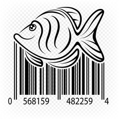 Barcode with fish. Logo for fish food, seafood, fishing and other products. Vector design template for sales.