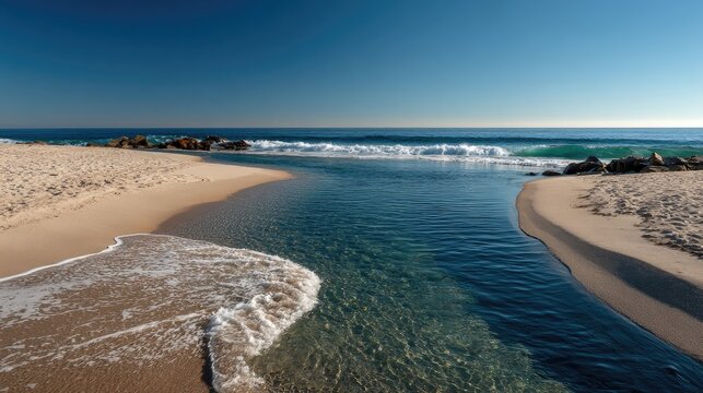 Sandy beach meets clear creek, ocean waves