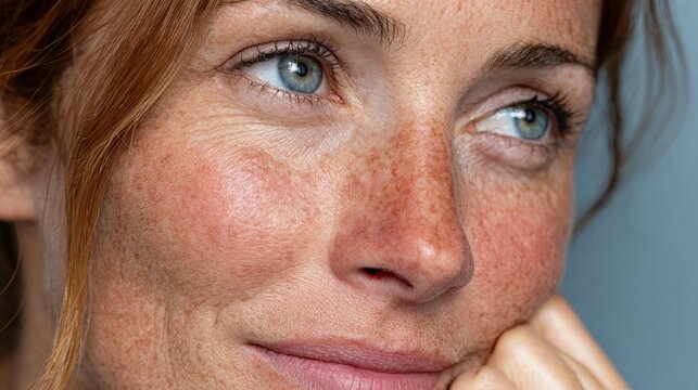 Woman with couperose gazes at camera showcasing cheek redness and capillaries