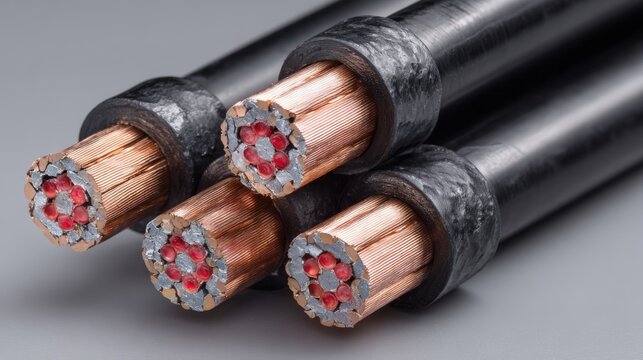 Three armored steel-wire SWA power cables with exposed copper cores on gray background