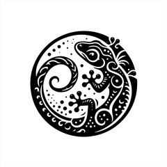 Stylized black gecko in a circular tribal design