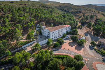 Aerial view of the Sanctuary of Holy Cave nestled in the mountains of Altura, Castellon, showcasing...