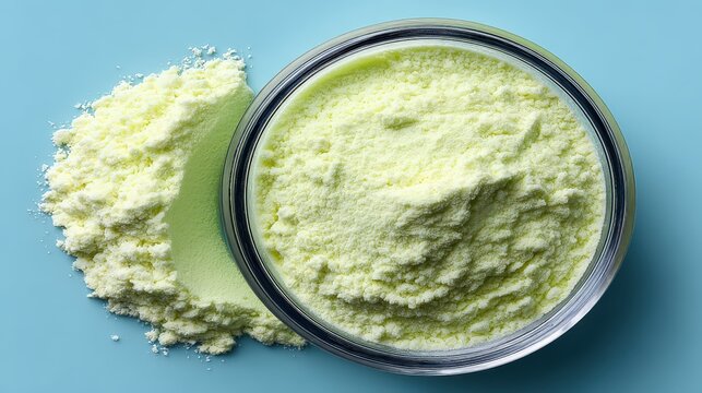 Pale green magnesium malate powder in a clear petri dish on a minimalistic background