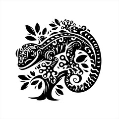 Obraz premium Intricate black and white tribal gecko lizard design with floral elements