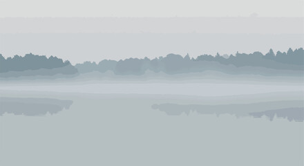 Fototapeta premium Misty Landscape Blue & gray toned hills and water with silhouetted trees