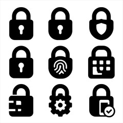 Digital Lock Icons. Solid style icons of digital padlocks and lock types: closed padlock, unlocked padlock, padlock with shield,