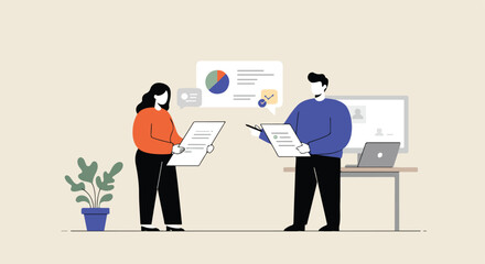 Fototapeta premium Colleagues discuss a project review, pointing and looking at documents. Office setting