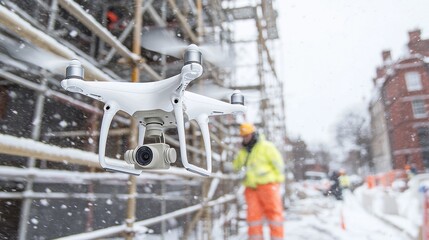 Drone inspection, snowy city construction site