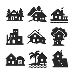 Fototapeta premium Solid Style Housing Icons. Solid style icons of rural and remote housing: cabin in woods, mountain lodge, lakefront house, desert