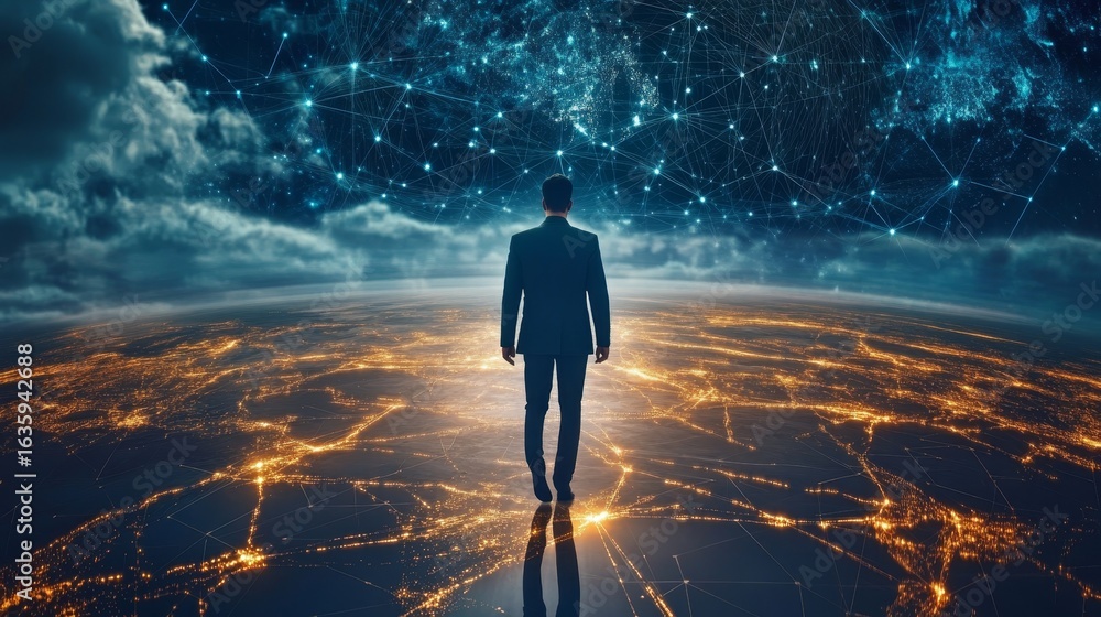 Poster conceptual image of a figure walking on a network of digital connectivity and global communication