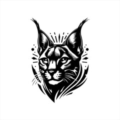 Fototapeta premium Stylized black and white caracal head illustration with tribal elements