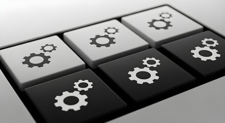 Close up of black and white keyboard keys with gear icons in a row pattern