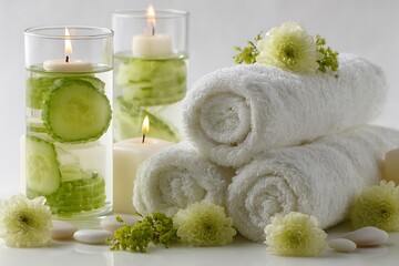 Luxurious spa setup with rolled white towels, floating cucumber candles, and delicate flowers for ultimate relaxation