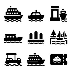 Urban Water Transport Icons. Solid style icons of water-based urban transport: city ferry, water taxi, harbor terminal, canal boat