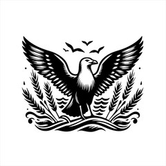 Obraz premium Majestic eagle with wings spread over wheat and water emblem