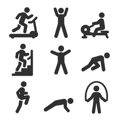 Cardio Activity Icons. Solid style icons of cardio activities: treadmill run, cycling bike, rowing machine, stair climber, jumping