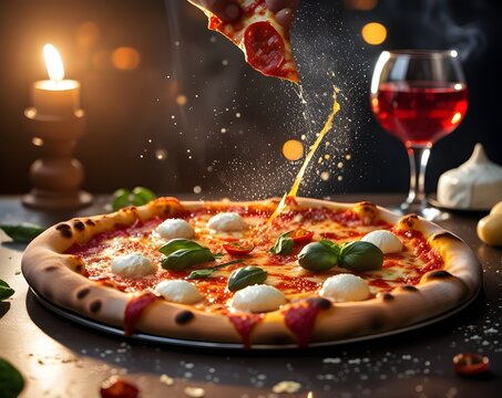 Gourmet Pizza Culinary Experience: The enticing image showcases a mouthwatering gourmet pizza with toppings, alongside a glass of red wine and a lit candle, setting a cozy, inviting atmosphere.
