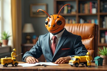 Surreal Collage: Enormous Termite in Formal Attire at Miniature Desk with Pest Control Team