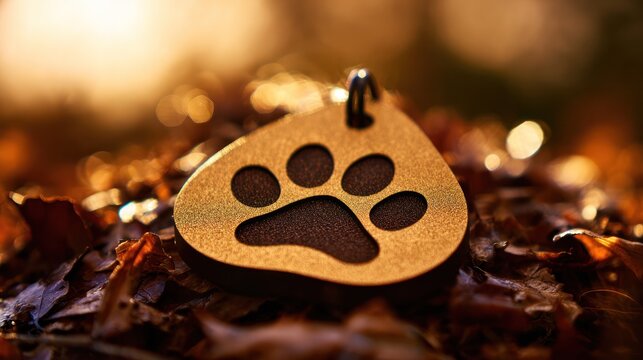 A vibrant paw print ornament with golden details on autumn leaves, bathed in warm sunlight for a heartwarming touch.