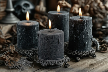 Chandelier décoratif avec bougie noire allumée dans une ambiance d’Halloween