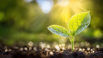 Close-up of young green plant with dewdrops, bathed in soft light and thriving through photosynthesis