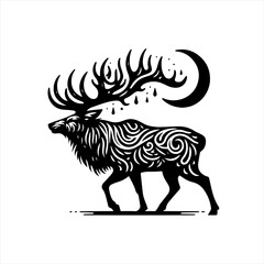 Obraz premium Stylized elk with ornate antlers and crescent moon