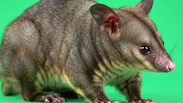 Adorable Spotted Cuscus Marsupial on Vibrant Green Background, Close-up Wildlife Portrait