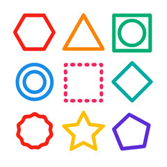 Colorful Geometric Frames. Flat vector icons of decorative geometric frames: hexagon frame, triangle border, circle within square,