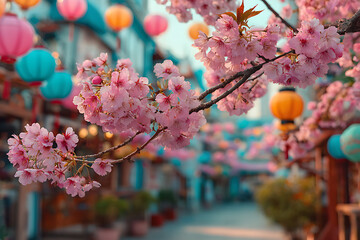 Cherry blossom season in japan with pink flowers and colorful lanterns street photography art print decor 100