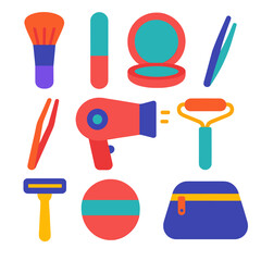Beauty Tools Icons. Flat vector icons of beauty and grooming tools: makeup brush, nail file, mirror compact, tweezers, hair dryer,