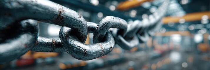 Chain link in focus with industrial background showcasing strength and durability in a warehouse setting
