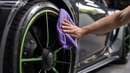 Detailing a sporty car, hand wiping the wheel rim for shine