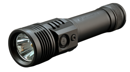 Cylindrical, dark grey flashlight with crenelated bezel on a black background