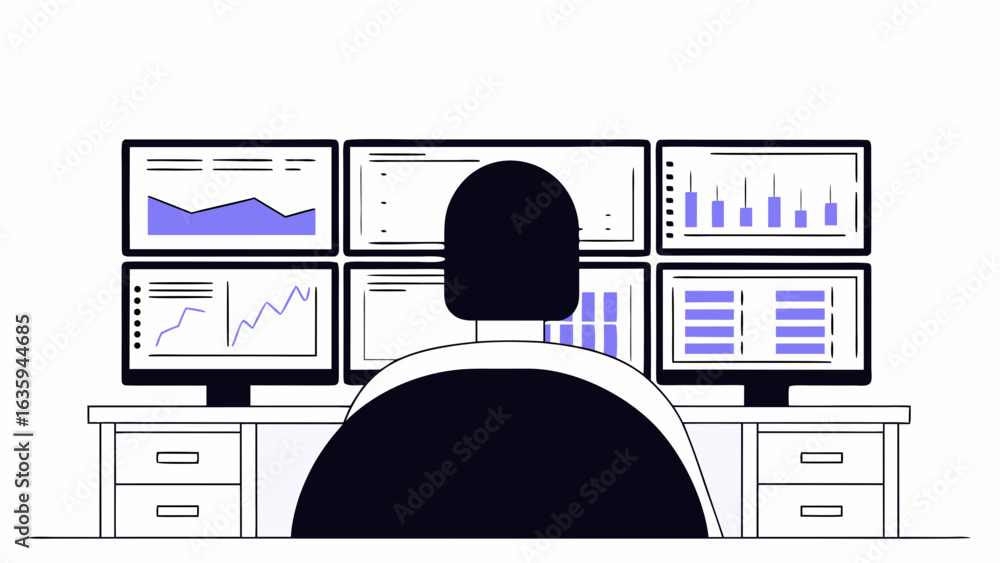 Aufkleber man working with multiple computer screens at desk isolated on white background