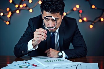 Businessman in a Sharp Suit Examining Financial Documents with a Magnifying Glass in a Scene of Fraud Investigation