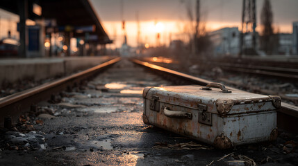 Sunrise to sunset, a locomotive travels along urban railway tracks, its journey captured from dawn till dusk