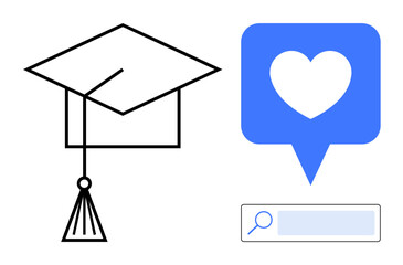 Graduation cap symbolizes learning, heart in chat bubble suggests relationships or passion, alongside a search bar. Ideal for education, communication, connection, learning, achievement, social