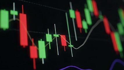 Close-up of a Digital Candlestick Chart with Green and Red Bars Illustrating Stock Market Trends Cryptocurrency Trading and Business Finance Data - Powered by Adobe