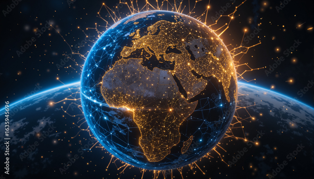 Poster s a globe with a network of connections around it