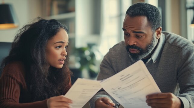 Worried couple discussing financial paperwork at home together in stress