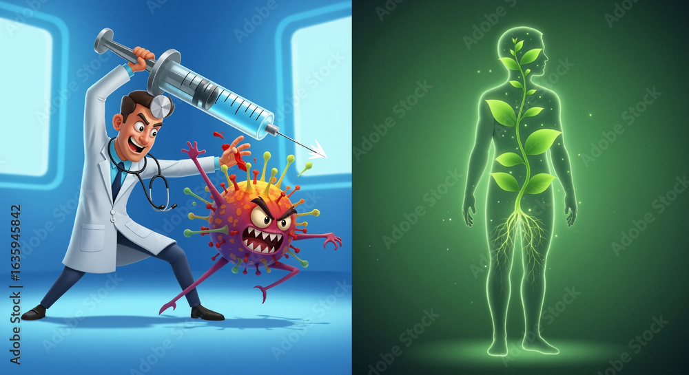 Poster s a man in a white lab coat holding a syringe next to a green mannequin with a virus on it. the man 