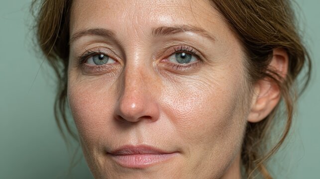 Woman demonstrating eyelid ptosis and discoloration against a pale mint background