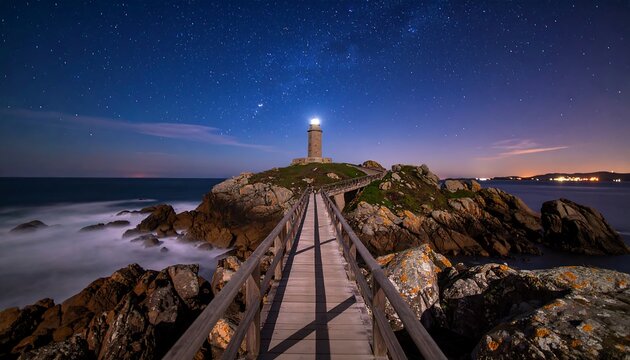 Lighthouse at night with starry sky